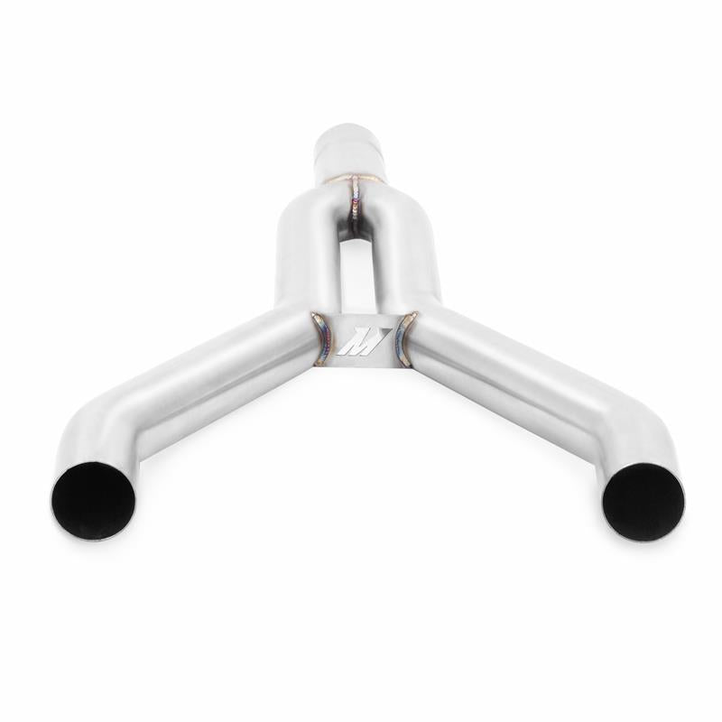 Mishimoto catback stainless steel exhaust system for 2015-2016 Ford Mustang 2.3L EcoBoost, showing the polished pipes and muffler.