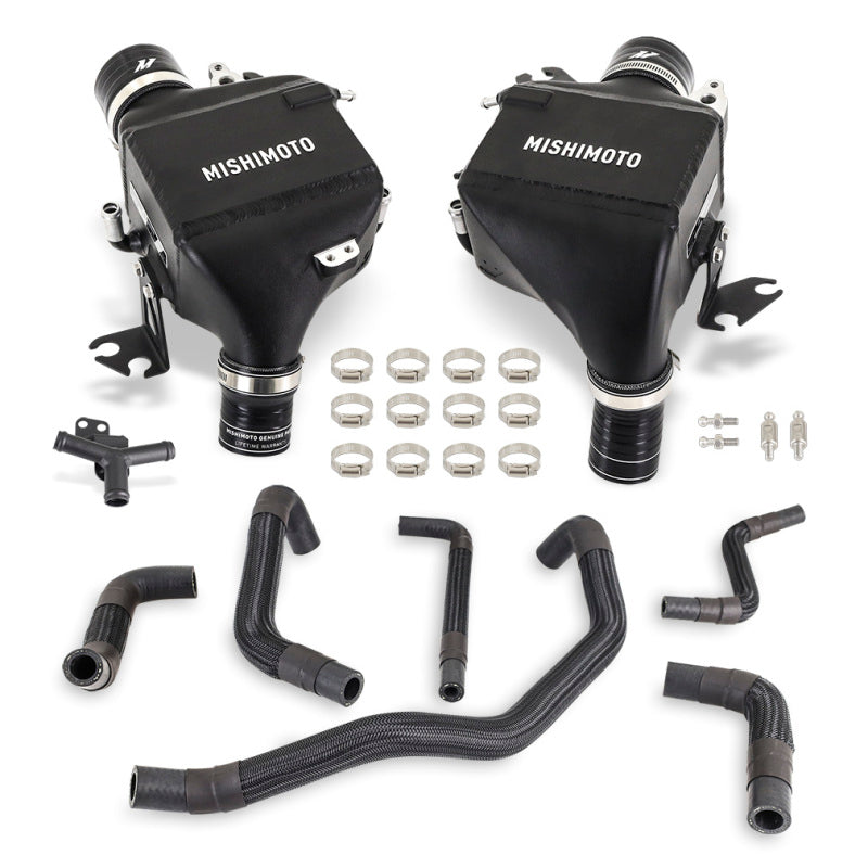 Mishimoto intercooler kit for 2016+ Infiniti Q50/60 3.0T, showing the aluminum intercooler core and piping components.