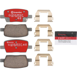 Brembo OE ceramic rear brake pads for Cadillac XT5 2016+ and Chevrolet Camaro 2015+ shown with close-up of brake pad surface.