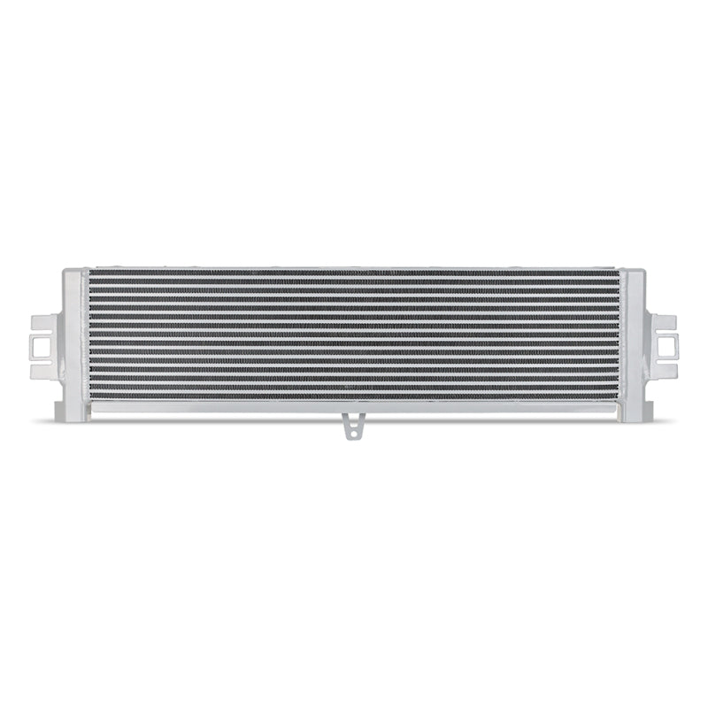 Mishimoto silver oil cooler for 2021+ BMW G8X M3 and M4, showing the sleek, silver-fin design of the high-performance cooling component.