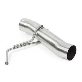 Mishimoto Chevrolet Camaro 2.0T quad-tip race axle-back exhaust with polished tips, shown from side angle on vehicle.