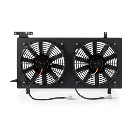 Mishimoto black aluminum fan shroud for 08+ Subaru WRX and STI, designed to improve cooling with a sleek, durable finish.