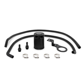 Black Mishimoto oil catch can for 2015-2016 Subaru WRX, PVC side baffled design, mounted on engine bay.