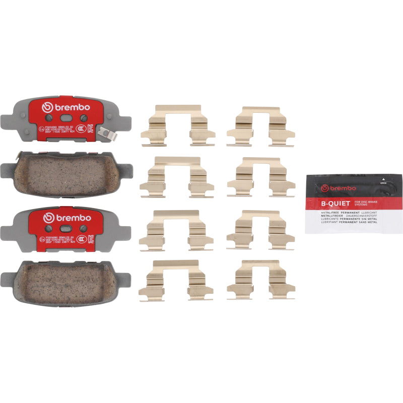 Brembo OE ceramic rear brake pads for Infiniti Q50 2013+ and Q60 Coupe 2016+ models, showing the brake pad design and branding.