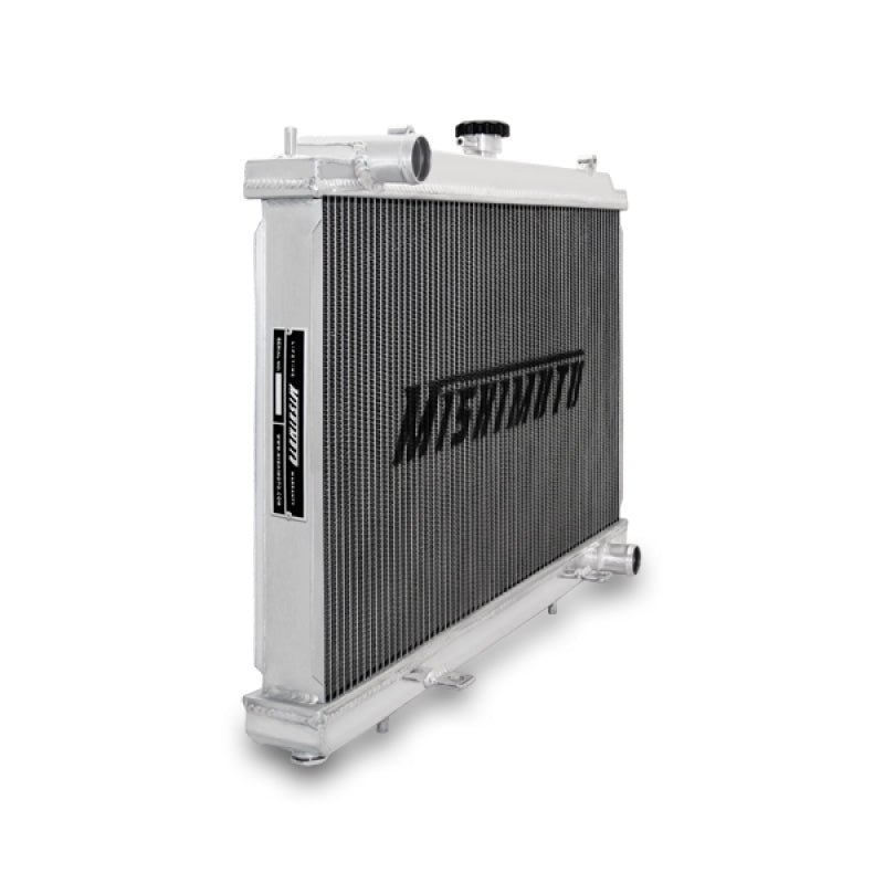 Mishimoto aluminum radiator for 1995-1998 Nissan 240sx S14 SR20DET engine, with aluminum fins and hoses attached.