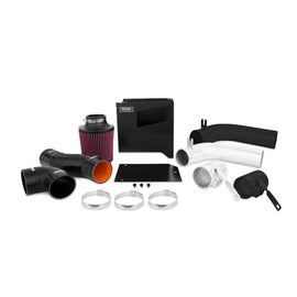Mishimoto polished cold air intake kit for 2015 Subaru WRX, featuring air filter, tubing, and intake box in a close-up image.
