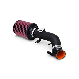Mishimoto 2015 Subaru STi cold air intake in wrinkle red, showing the sleek aluminum piping and high-performance filter element.