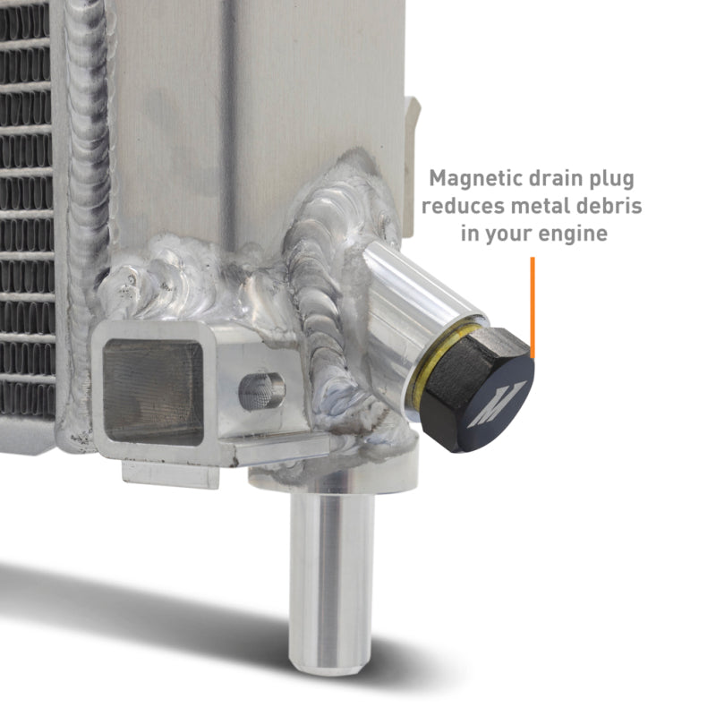 Mishimoto aluminum radiator for 2024+ Ford Mustang V8 and 2.3L, showcasing sleek, performance-focused design.