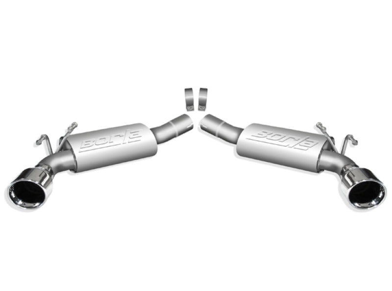 Borla axle back exhaust system for 2010 Camaro 6.2L V8, rear section showing polished metal and exhaust tips.