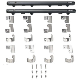 DeatschWerks GM Truck Gen 3 and 4 LS fuel rails installed in a vehicle engine, showing the sleek metal design and mounting points.