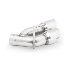 Load image into Gallery viewer, Mishimoto 2016+ Chevrolet Camaro 2.0T cat-back exhaust with polished quad tips, showing the sleek stainless steel pipes and exhaust tips.