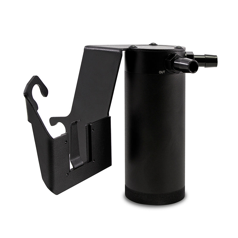 Mishimoto VQ35DE PCV-side oil catch can kit installed in a Nissan 350Z or Infiniti G35 engine bay, showing the baffled catch can.