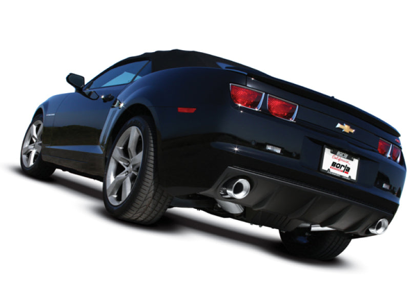 Borla catback exhaust rear section for 2010 Chevrolet Camaro 6.2L V8 S-type, featuring polished metal pipes and muffler components.
