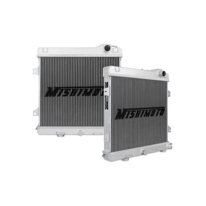 Mishimoto aluminum radiator for 87-91 BMW E30 M3 with manual transmission, featuring a sleek silver finish and core design.