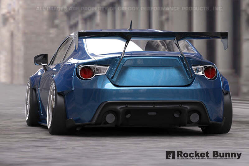 GReddy 13+ Scion FR-S wide body aero kit with Rocket Bunny styling, featuring front and rear fenders, side skirts, and bumper modifications.