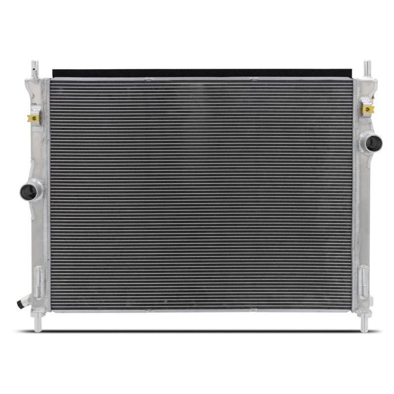 Mishimoto aluminum radiator for 2024+ Ford Mustang V8 and 2.3L engine, with sleek silver finish and dual core design.