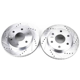 Pair of PowerStop front drilled and slotted brake rotors for Cadillac Escalade 2002-2006, high-performance automotive brake components.