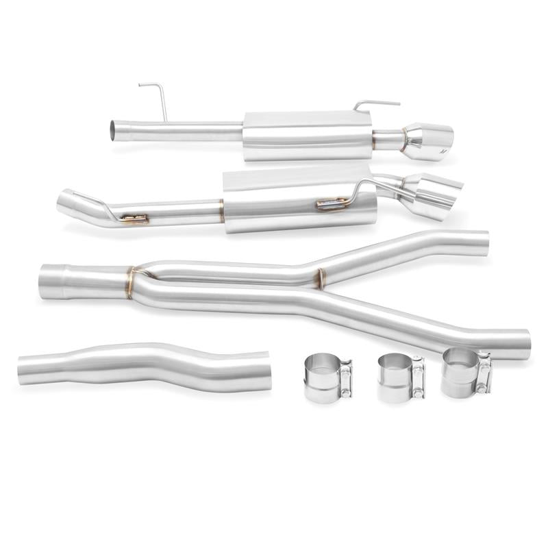 Mishimoto stainless steel cat-back exhaust for 2015-2016 Ford Mustang 2.3L EcoBoost, showing the polished pipes and muffler system.