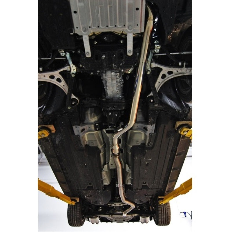 Mishimoto 2015 Subaru WRX stainless steel 3-inch cat-back exhaust system with polished muffler and dual exhaust tips.