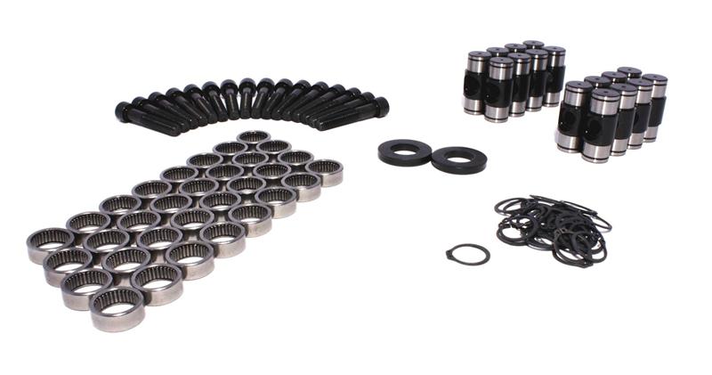 COMP Cams LS-type rocker arm trunnion kit showing metal components and assembly for engine performance upgrade.