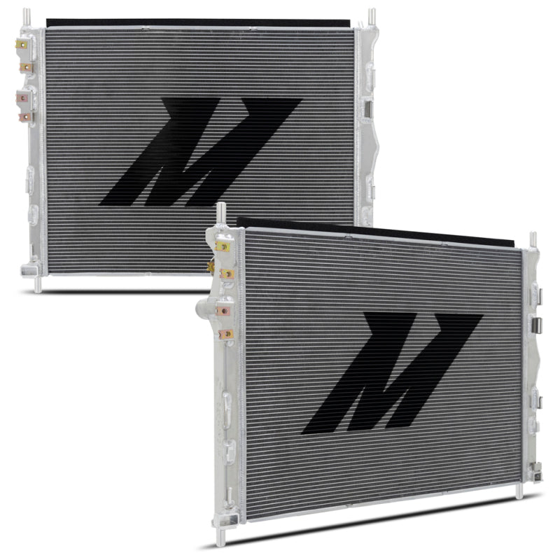 Mishimoto aluminum radiator for 2024+ Ford Mustang V8 and 2.3L models, featuring a sleek, high-performance design.