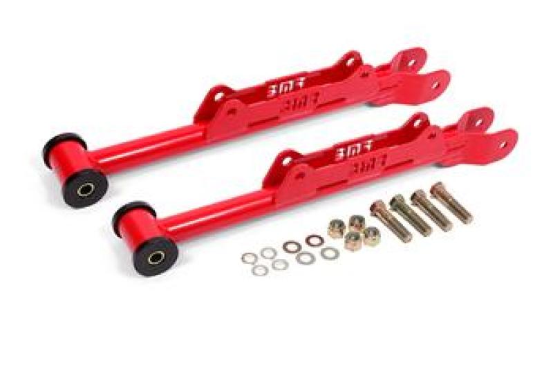 Red BMR Suspension rear DOM lower control arms for 2010-2015 Chevrolet Camaro, designed for improved suspension performance.