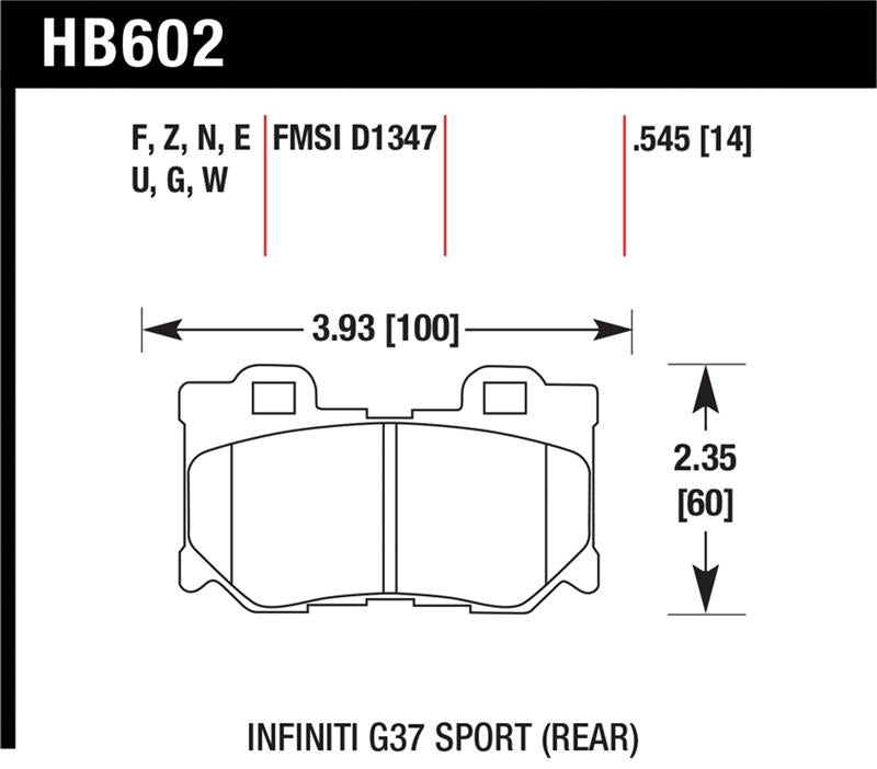 Hawk Performance racing rear brake pads for Infiniti FX50, Nissan 370Z, and G37 models, designed for high-performance braking.