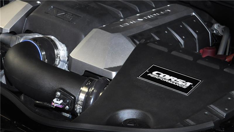 CorSA Performance cold air intake for Chevrolet Camaro SS 6.2L V8 engine, showing the sleek black intake tube and filter components.