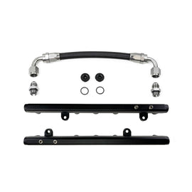 DeatschWerks Chevrolet LS2/LS3 fuel rails with crossover installed on engine, featuring metal finish and precise fit for performance vehicles.