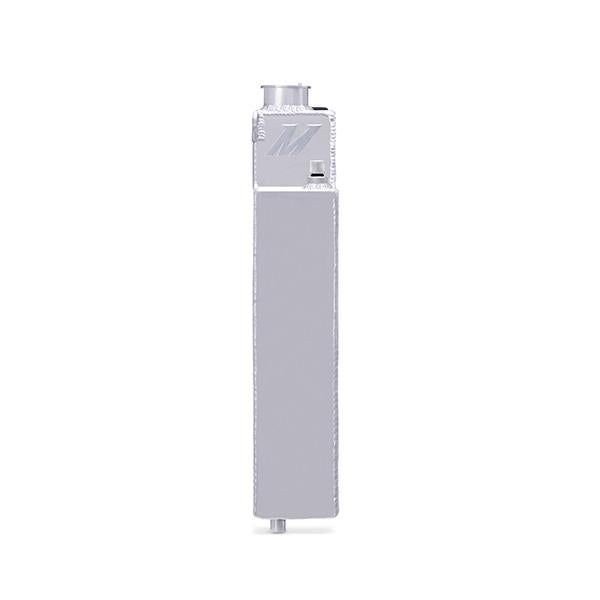 Mishimoto polished aluminum coolant overflow tank for 2008+ Subaru WRX and STI, with attached hoses and mounting bracket.