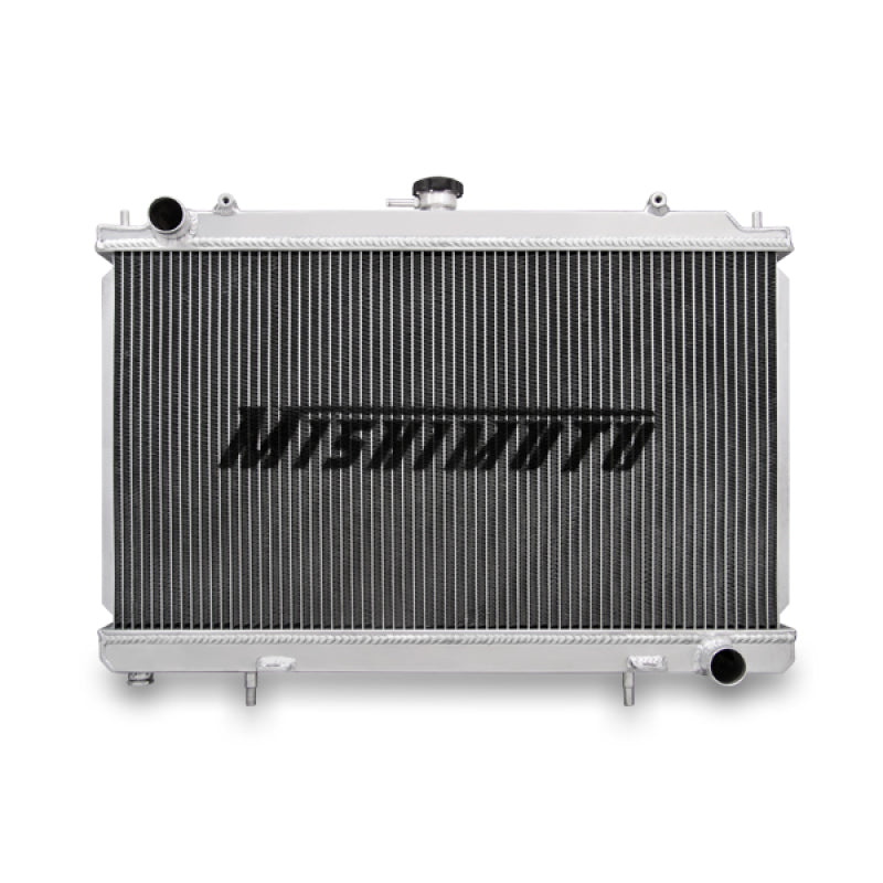 Mishimoto aluminum radiator for Nissan 240sx S14 with SR20DET engine, featuring a sleek silver cooling core and inlet/outlet ports