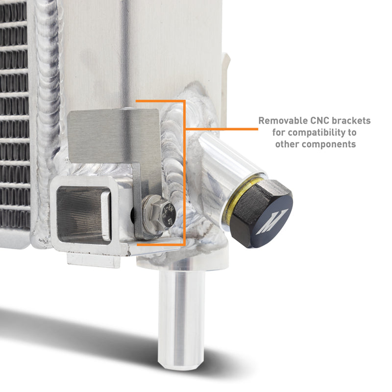 Mishimoto aluminum radiator for 2024+ Ford Mustang V8 and 2.3L engine, showing the sleek, lightweight design and cooling fins.