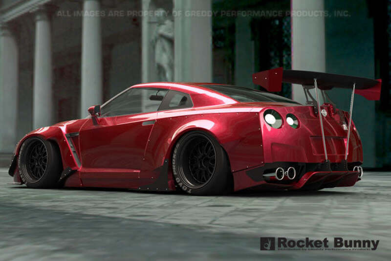GReddy full Rocket Bunny wide-body aero kit with wing installed on Nissan GT-R R35, showcasing aggressive body modifications.