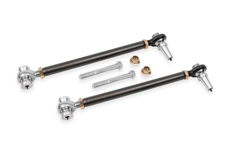 Black hammertone BMR Chevrolet Camaro front lower control arms with adjustable rods and rod ends for enhanced suspension performance.