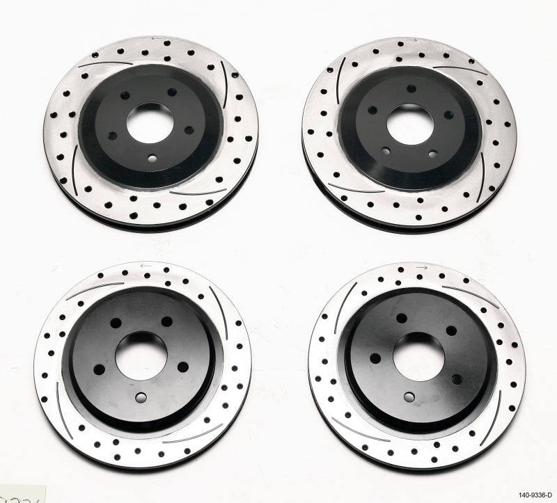 Wilwood front and rear 2-piece dimpled and slotted brake rotors for 97-04 Corvette C5 and 05-13 C6 Base models, shown installed.