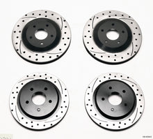 Load image into Gallery viewer, Wilwood front and rear 2-piece dimpled and slotted brake rotors for 97-04 Corvette C5 and 05-13 C6 Base models, shown installed.