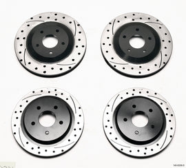 Wilwood front and rear 2-piece dimpled and slotted brake rotors for 97-04 Corvette C5 and 05-13 C6 Base models, shown installed.