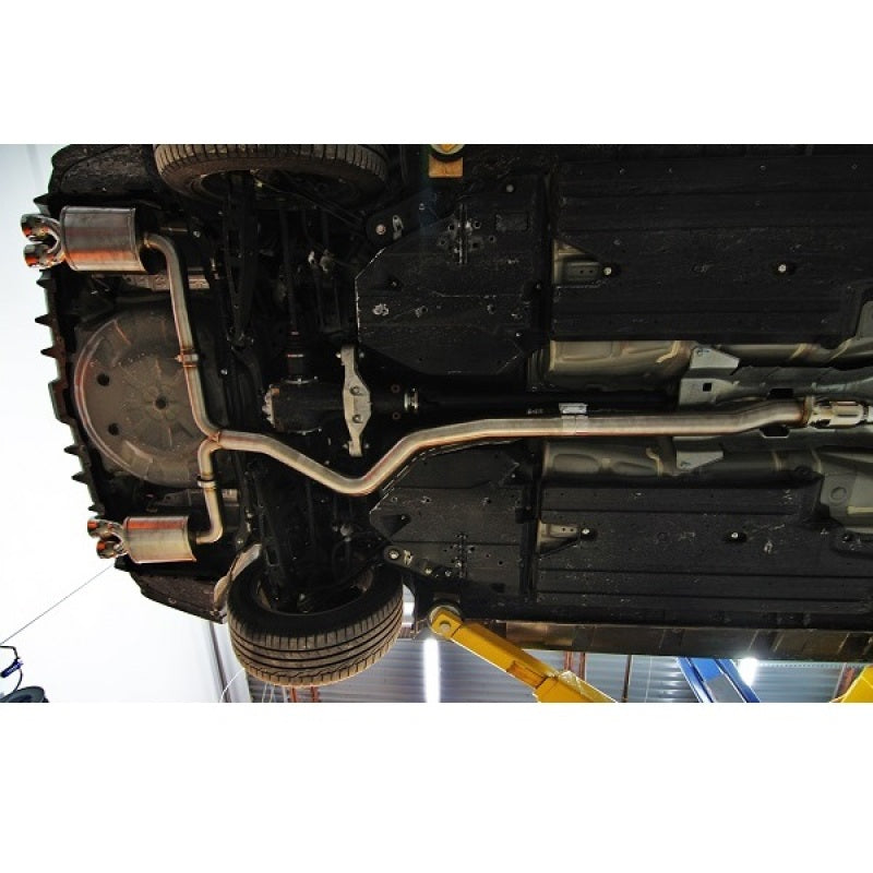 Mishimoto 2015 Subaru WRX stainless steel 3-inch cat-back exhaust system with polished tips and dual outlets.