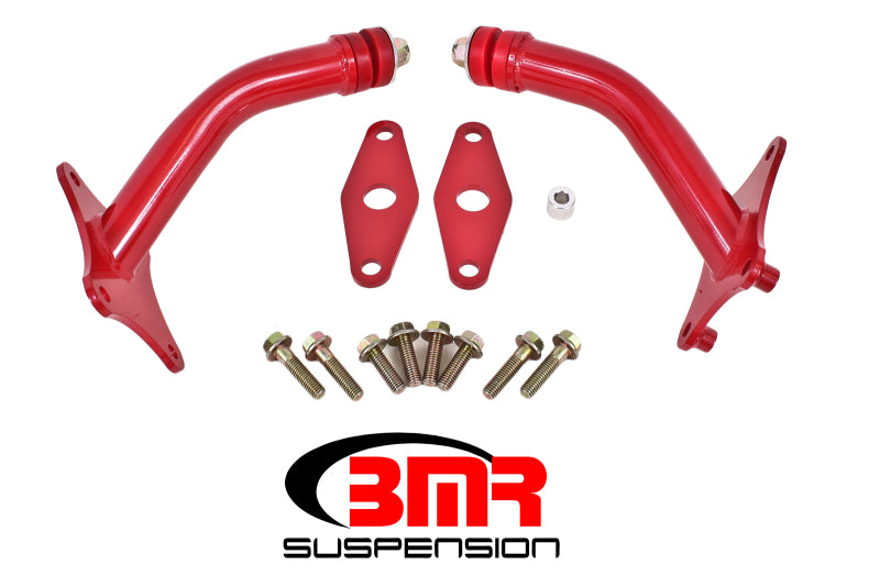 Red BMR Suspension 16-17 6th Gen Camaro motor mount kit with integrated stands, made of durable polyurethane.