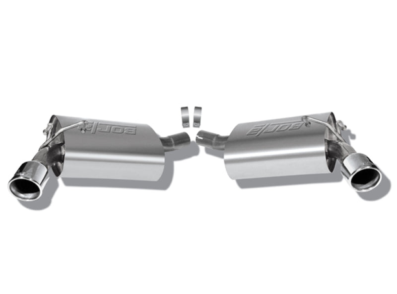 Borla axle back exhaust for 2010 Camaro 3.6L V6, rear section, with polished stainless steel tips and dual exhaust outlets.