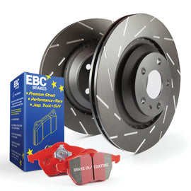 EBC S4 Redstuff brake pads and USR slotted rotors installed on a vehicle's wheel assembly.