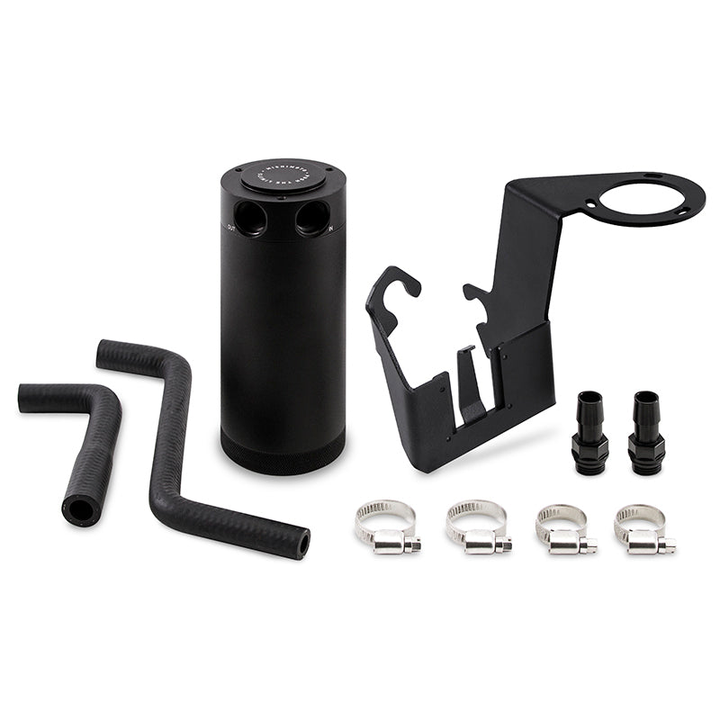 Mishimoto VQ35DE PCV side catch can kit for Nissan 350Z and Infiniti G35, showing the baffled oil catch can with hoses attached.