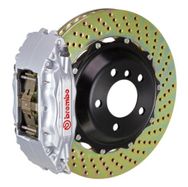 Brembo performance front brake kit with drilled silver 4-piston cast rotors for Toyota FR-S, BRZ, and Subaru GR86 models.