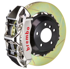 Brembo 20+ Corvette C8 Z51 front GTR BBK 6-piston billet brake rotor with slotted nickel finish and performance slot design.