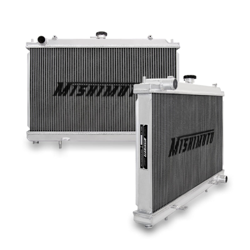 Mishimoto aluminum radiator for Nissan 240sx S14 SR20DET engine, showing the sleek, lightweight radiator with cooling fins and inlet/outlet ports.