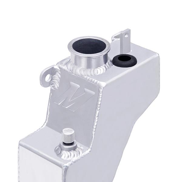 Mishimoto polished aluminum coolant overflow tank for 2008+ Subaru WRX and STI, showing a shiny, smooth aluminum reservoir with mounting brackets.