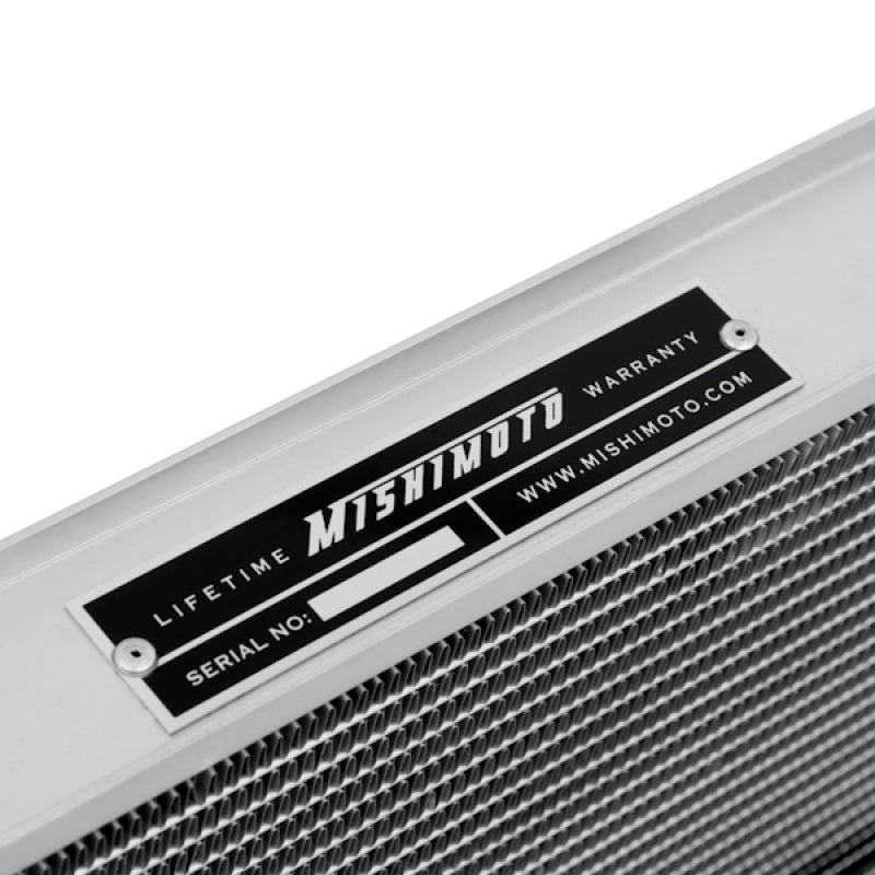 Mishimoto aluminum radiator for 1990-1996 Nissan 300ZX Turbo, front view showing cooling fins and mounting points
