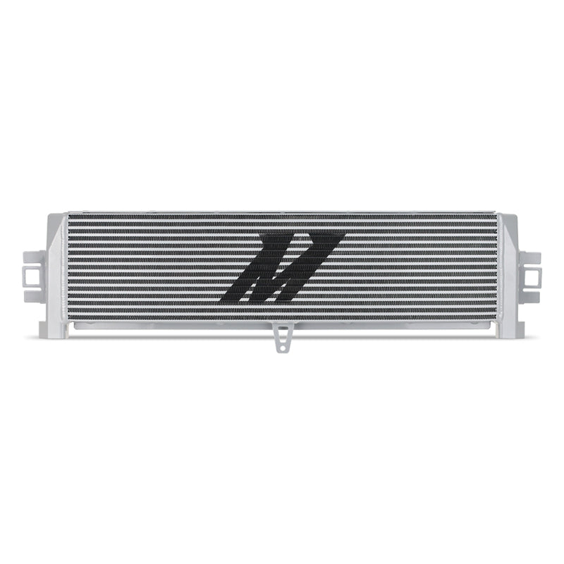 Mishimoto silver oil cooler for 2021+ BMW G8X M3 and M4, featuring a sleek metal design for efficient engine cooling.