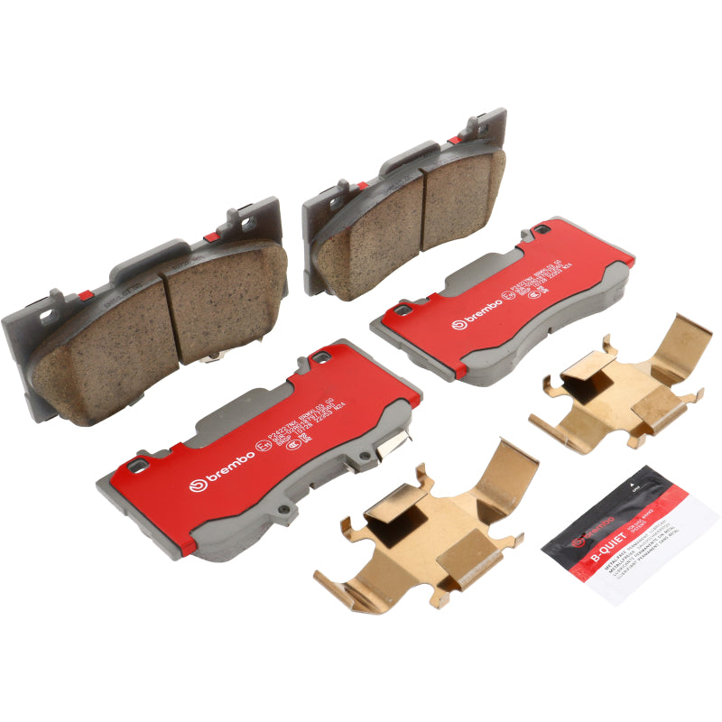 Brembo OE ceramic brake pads for 2014-2023 Ford Mustang front, showing the OE brake pad with brake pad backing plate.