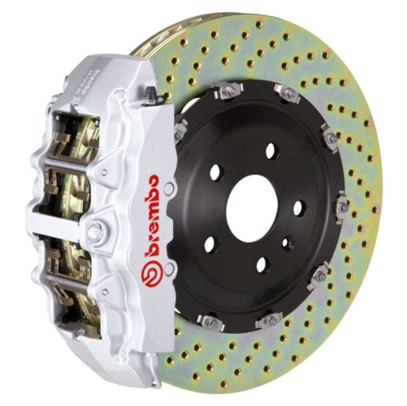 Brembo 20+ Corvette C8 front GT BBK brake kit with silver 6-piston cast 380x34 drilled two-piece rotors for high-performance stopping.